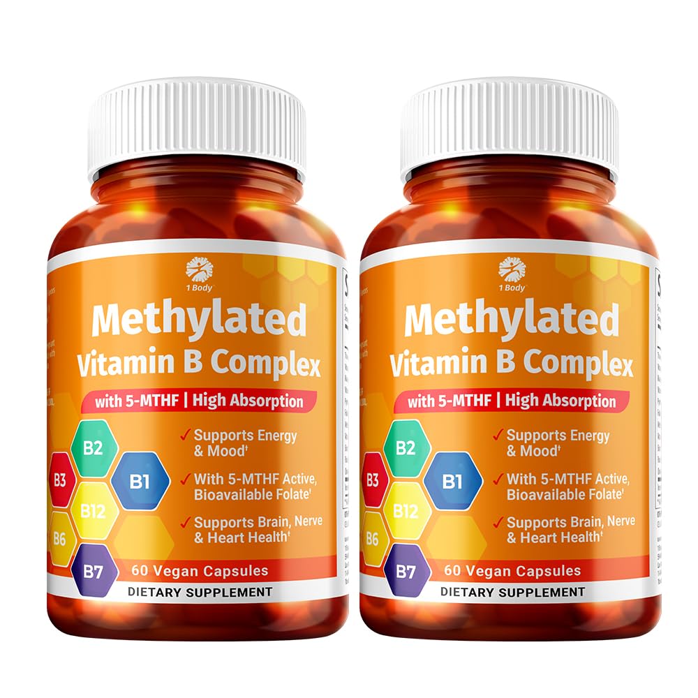 1 바디 비타민 B 복합 트윈 팩 - 5-MTHF Folate B1, B2, B5, B6, 메틸 B12, Niacin, Biotin - 60 캡슐 각각