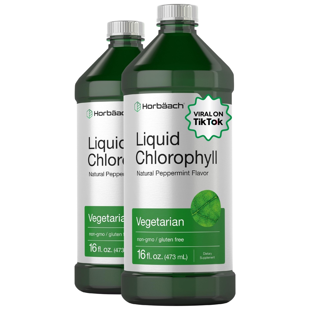 Horbäach Chlorophyll 액체 낙하 | 100mg | 32 oz (2 x 16 oz 병) | 천연 고추 맛 | 채식주의, 비 GMO, 글루텐 무료 보충