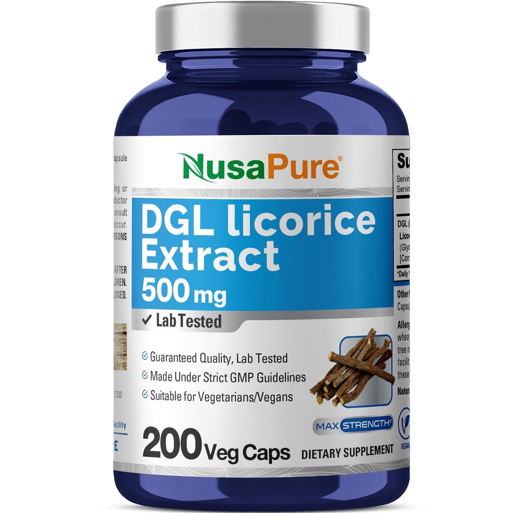 NusaPure DGL Licorice 추출물 500 mg 200 Veggie 캡슐 (비건, 비 GMO)