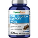 NusaPure DGL Licorice 추출물 500 mg 200 Veggie 캡슐 (비건, 비 GMO)