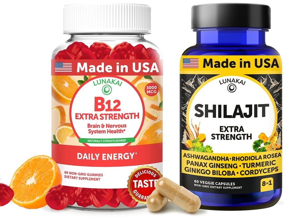Lunakai USA B12 Gummies & Shilajit 캡슐 번들 - 추가 강도 매일 에너지 및 웰빙 지원