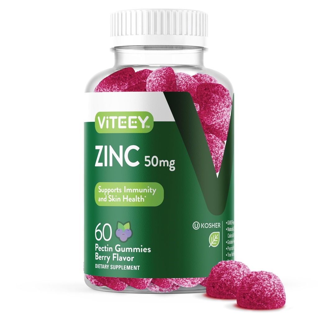 남성과 여성을위한 VITEEY 아연 Gummies - 아연 보충제 50mg - 면역 부스트 및 피부 건강 - Vegan, 글루텐 무료 - 60 카운트