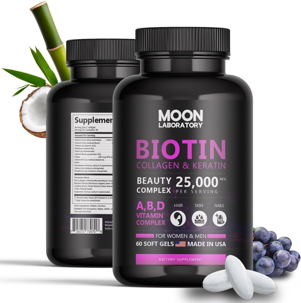교원질, Keratin, Hyaluronic 산, 비타민 A, D3, B 구획, Calcuim & 야자열매 기름을 가진 우수한 Biotin 5,000 mcg 아름다움 Complex. 머리 성장, 못, 피부. 남자 & 여자를 위해. 60 소프트젤