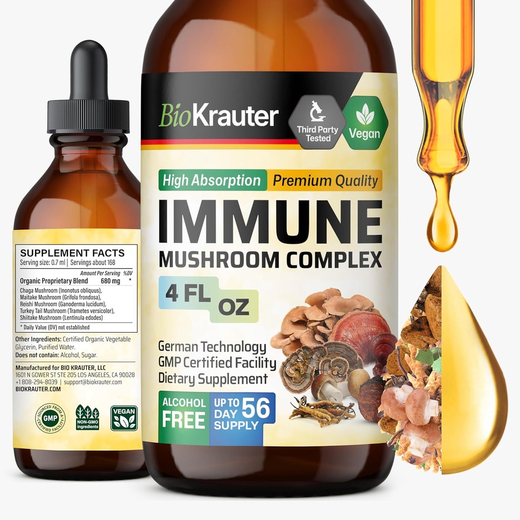 BIO KRAUTER Immune 지원 버섯 보충교재 - 사자 Mane, Shiitake, 터키 꼬리, Reishi, Chaga & Maitake 액체 추출물 - 버섯 Complex Tincture - Vegan Drops 4 Fl.Oz.