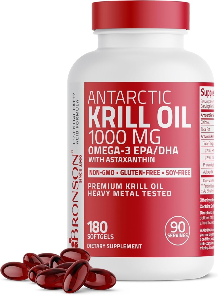 Bronson Antarctic Krill 오일 1000 mg Omega-3s EPA, DHA, Astaxanthin 및 Phospholipids 180 Softgels