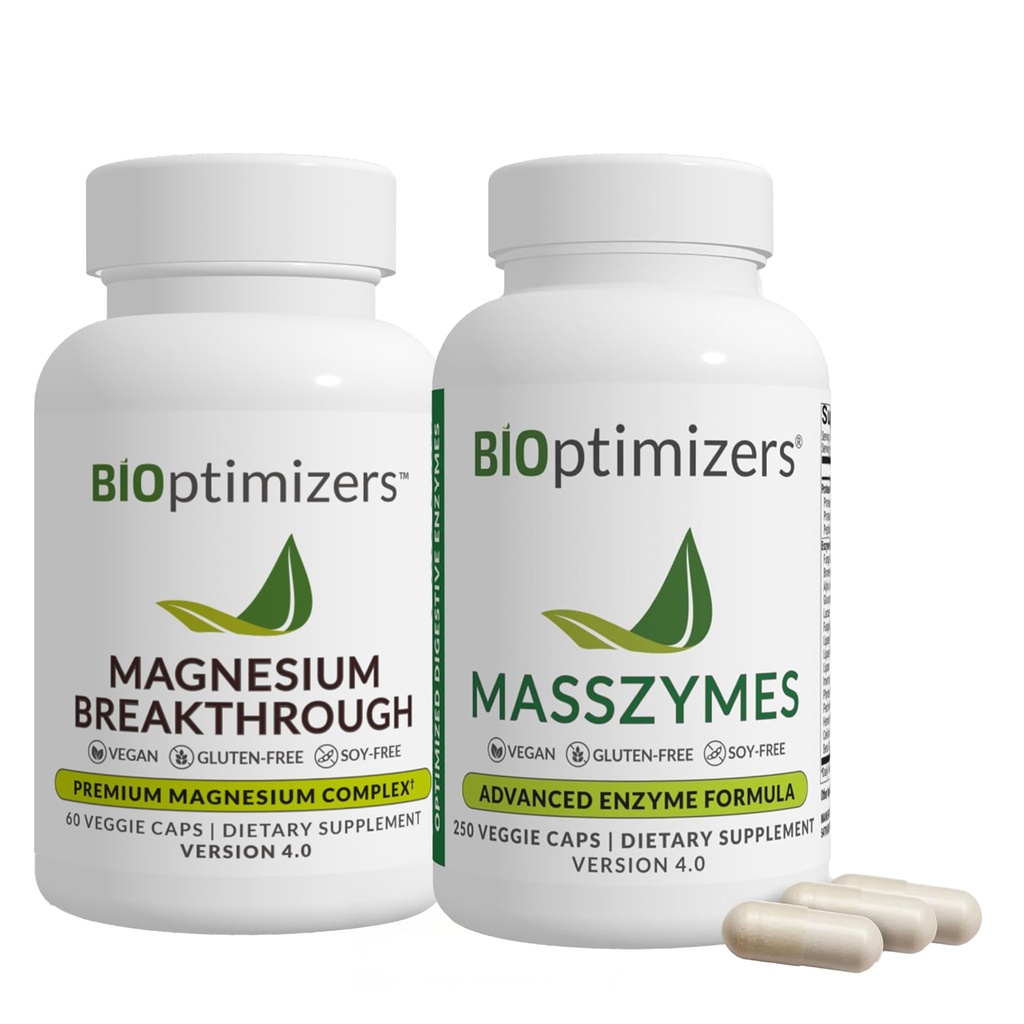 BiOptimizers 마그네슘 Breakthrough 4.0, (60 캡슐) & MassZymes 4.0, (250 캡슐) - 자연 수면, 뇌 및 소화 건강 지원 보충교재 번들