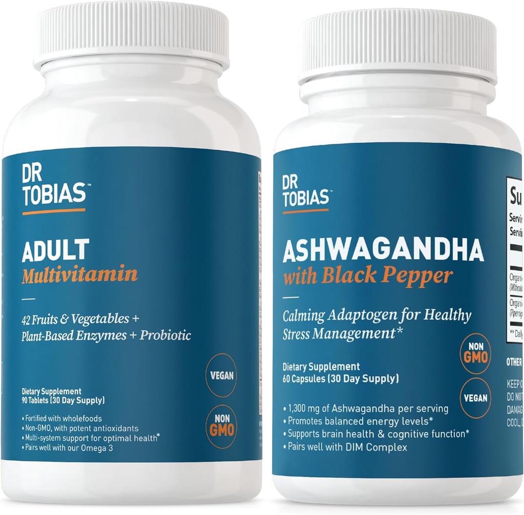Tobias 성인 Multivitamins 및 Ashwagandha 캡슐, 지원 전반적인 웰빙 & 균형 에너지 & 탄력, Vegan, 비 GMO