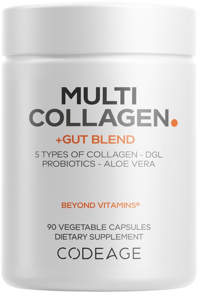 Codeage Multi Collagen + Gut Blend Supplement - Digestive Probiotics, DGL Licorice, Aloe Vera, Organic Peppermint Leaf, Slippery Elm - Hydrolyzed Bovine Collagen Pills - Non-GMO - 90 캡슐