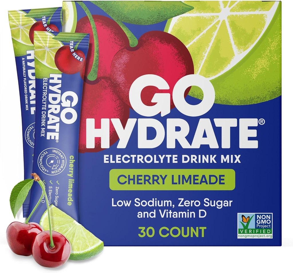 GoHydrate 낮은 나트륨 Electrolytes 분말 패킷 설탕 무료 - 즉시 Hydration 매일 음료 혼합 - Zero Sugar Water flavor Packet은 비타민 D - (Cherry Limeade, 30 팩)로 싱글