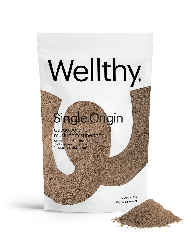 Wellthy Collagen Superfood Powder, Fights Stress & Fatigue, Cacao, Mushroom Powder - 유기농 Chaga & Reishi Extracts, 인증 유기농 Matcha, Allergen-Free & Non-GMO