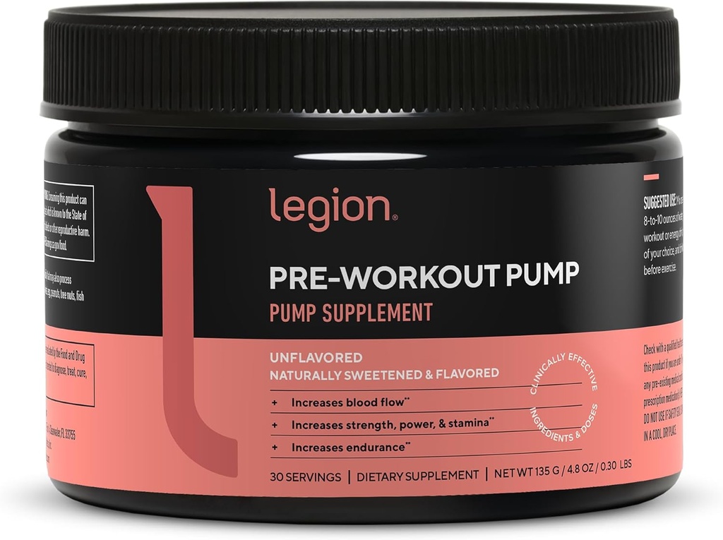 LEGION Pre Workout Pump - Arginine Supplement Boosts Nitric 산화물 생산 - Nitric 산화물 부스터는 힘 & Stamina를 증가시키고, 강화된 근육 효율성 (Unvored, 30의 서빙)를 승진시킵니다