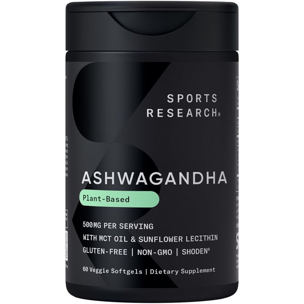 요가 MCT 오일과 함께 스포츠 연구 ® Ashwagandha Softgel - Relaxation, Calm 및 수면 지원을위한 Shoden® Ashwa로 만든 천연 Adaptogen - 글루텐 무료 및 비건 친절 - 60 개