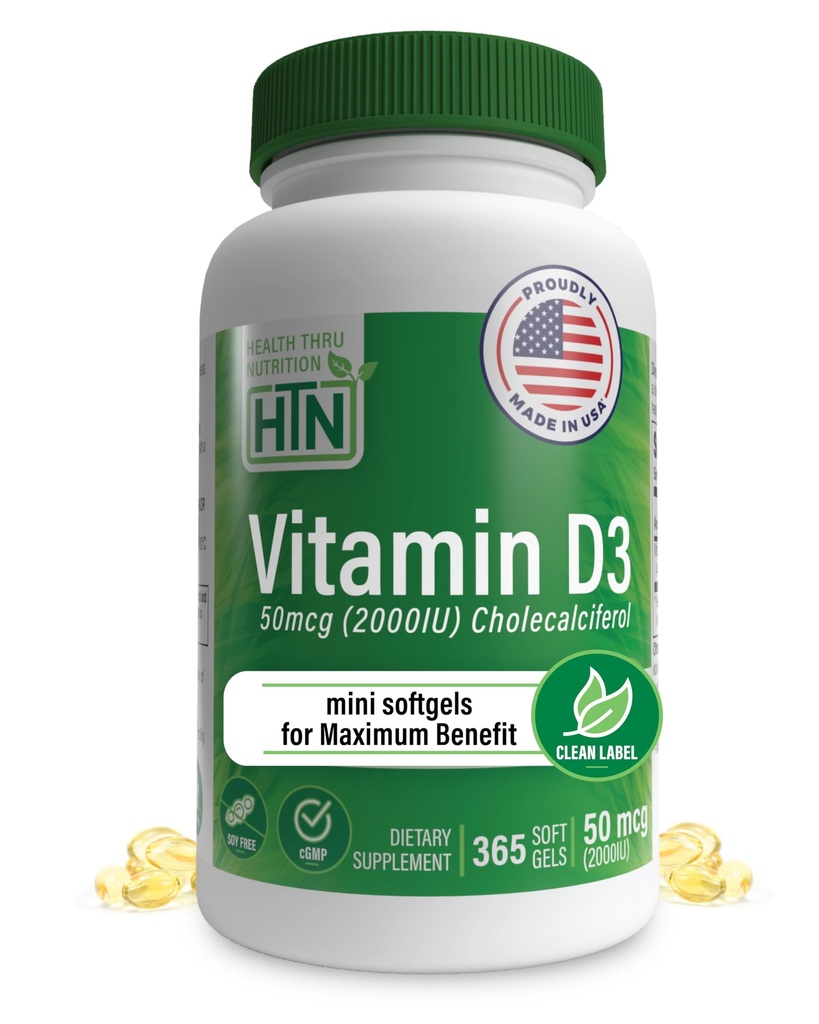 Health Thru Nutrition 비타민 D3 2000iu 365 Mini Softgel for Max Benefits | 년 공급 | 50mcg Cholecalciferol | 제 3 자 시험 | 비 GMO USP EVOO의 급료 | 면역력 지원