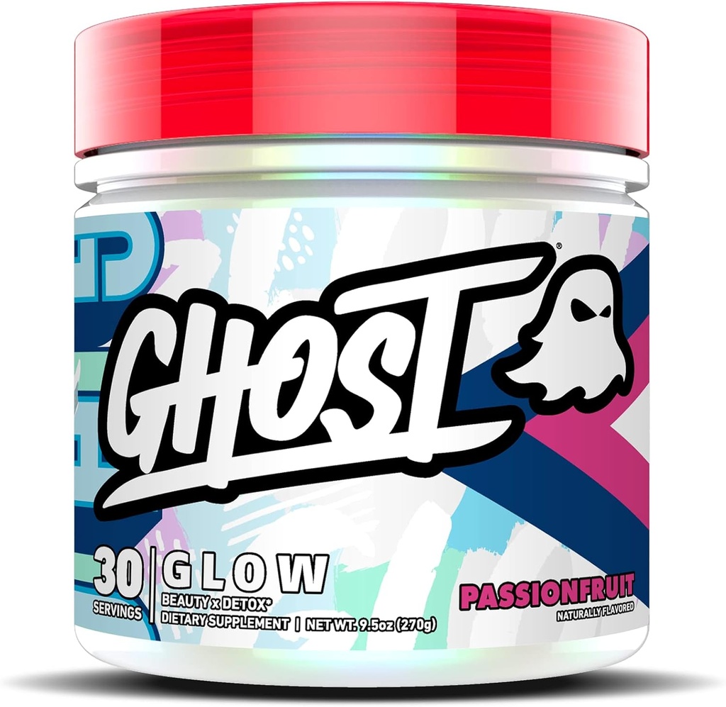GHOST Glow: Beauty and Detox Support Formula - 30 서빙, Passionfruit - 하이드로션, Radiance, Complexion & Nourishment에 대한 산화 방지제를위한 Biotin과 L-Theanine 피부 - 글루텐 프리