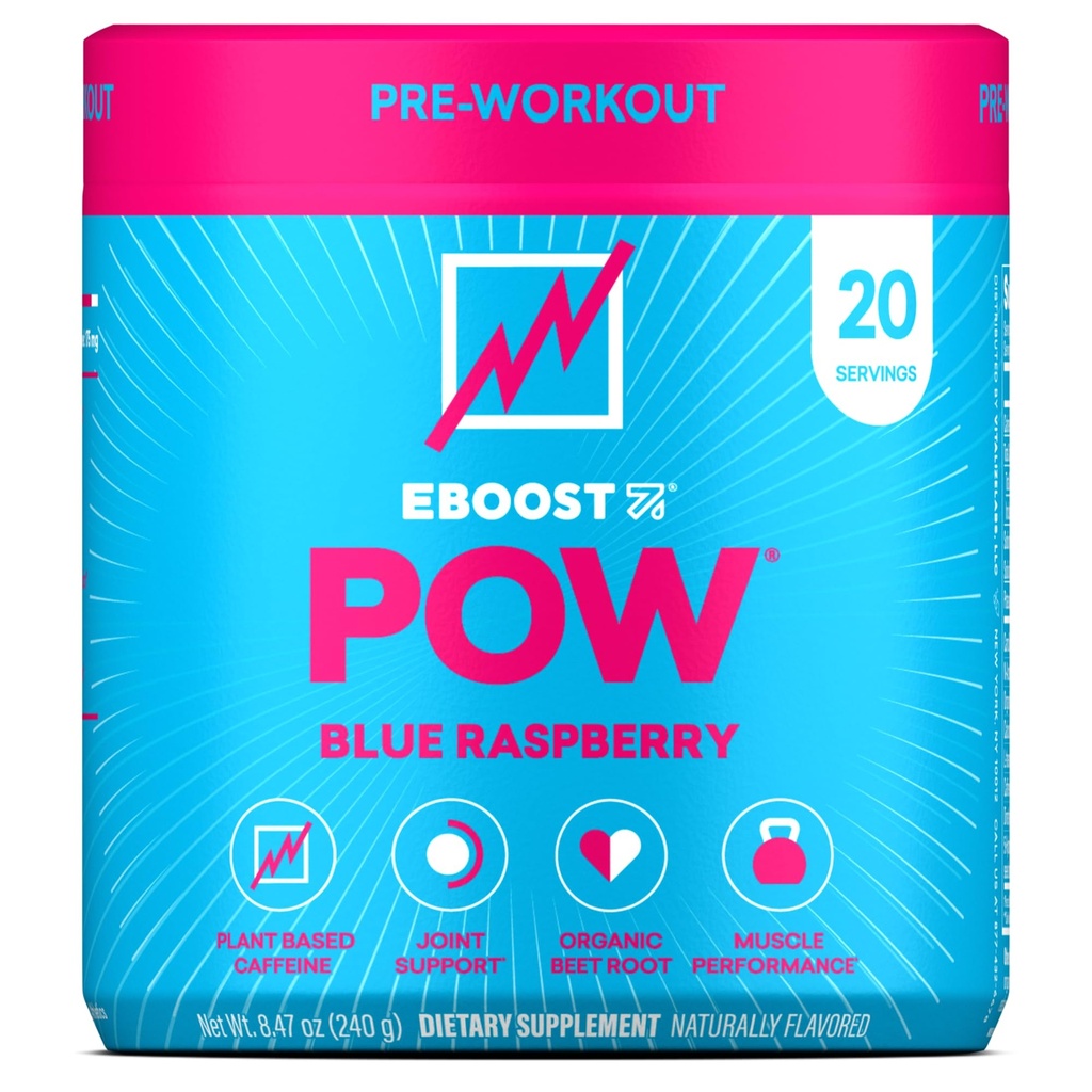 EBOOST POW Natural Pre Workout Powder – 20 서빙 - 블루 라즈베리 - 성능, 관절 이동성 지원, 에너지 - 남성 및 여성을위한 PreWorkout 보충 - Non-GMO, 글루텐 - 무료, 크레아틴 없음