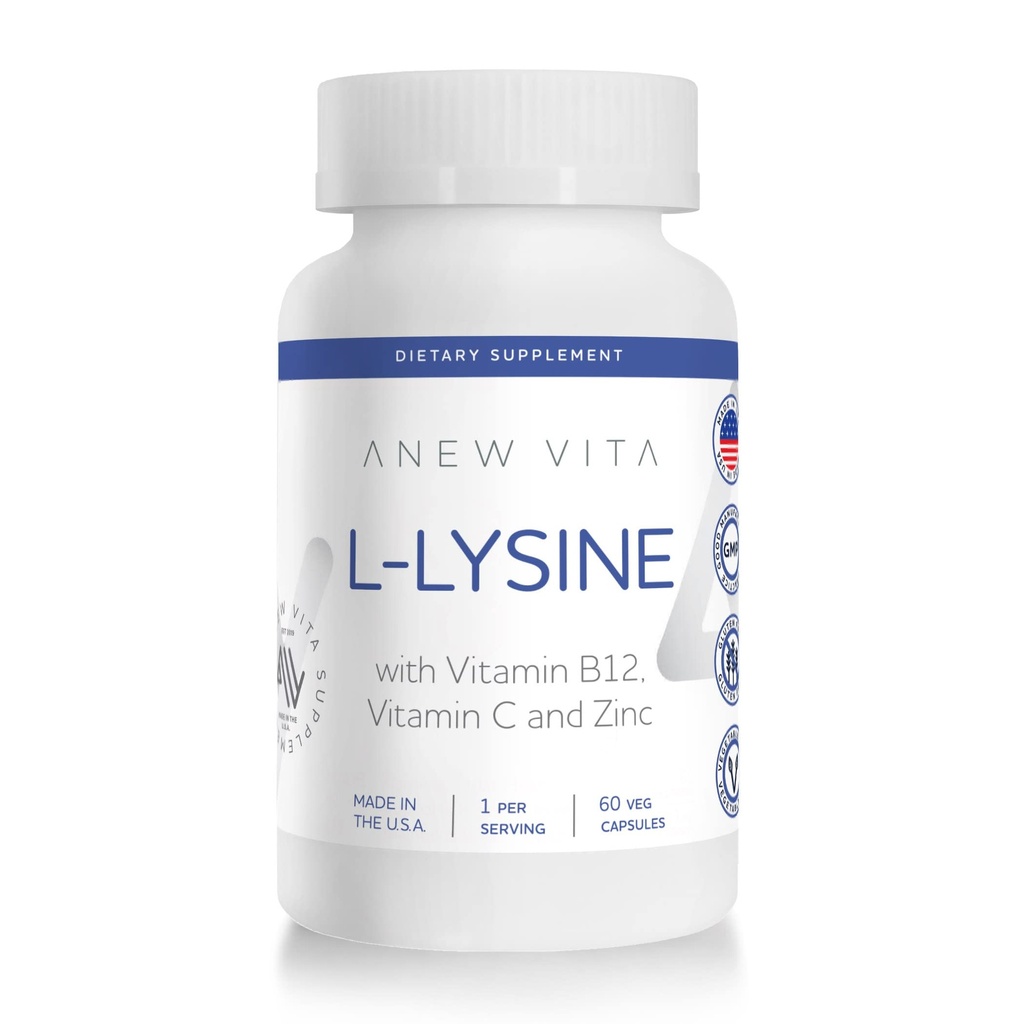 L-Lysine 보충교재 비타민 B12 + C + 입술, 입 및 구두 조직 건강을 위한 아연 - 강화된 웰빙 지원 - 비 GMO, 글루텐 자유로운 - 미국에서 만드는 - 60 식물성 캡슐, 500mg