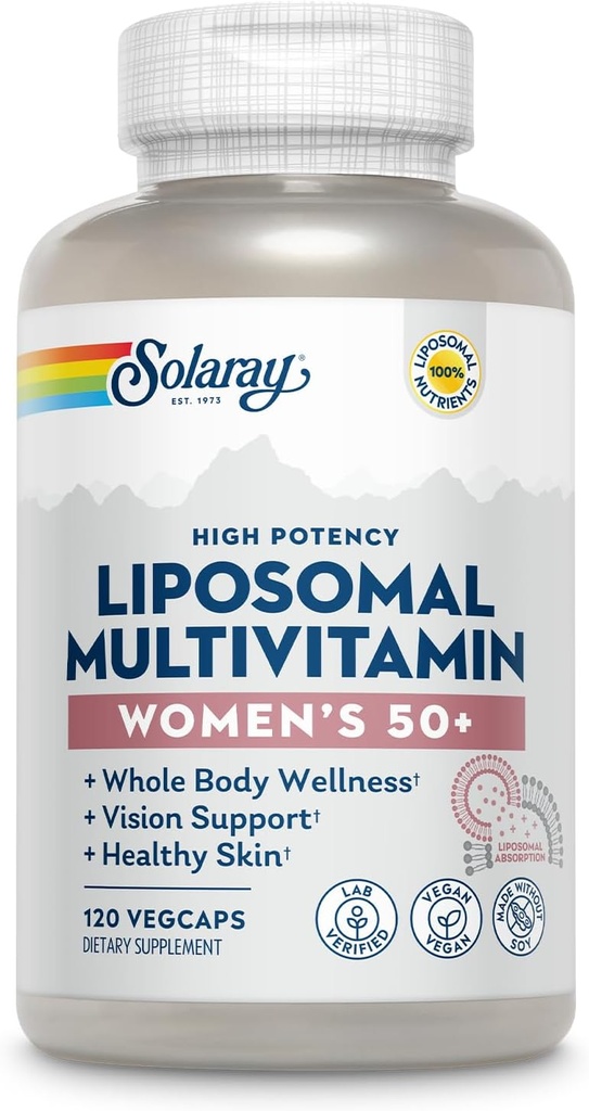 여성 50 플러스를위한 SOLARAY Liposomal Multivitamin, 철, 비타민 D, 비타민 C, B12, Biotin & More, 면역 지원 및 뼈 건강, Vegan, 60 서빙, 120 VegCaps와 향상된 흡수