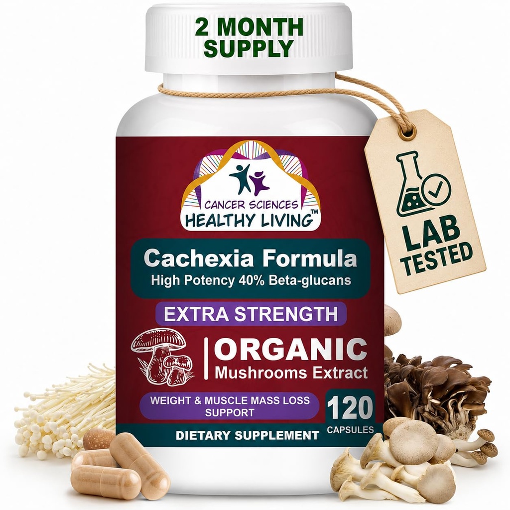 CANCER SCIENCES Cachexia 보충교재, USDA는 유기 버섯 추출물 캡슐, 여분 힘 1,500 mg의 높은 Potency 40% beta 포도당, Immune & 대사 지원, 무게 & 근육 질량 지원을 증명했습니다