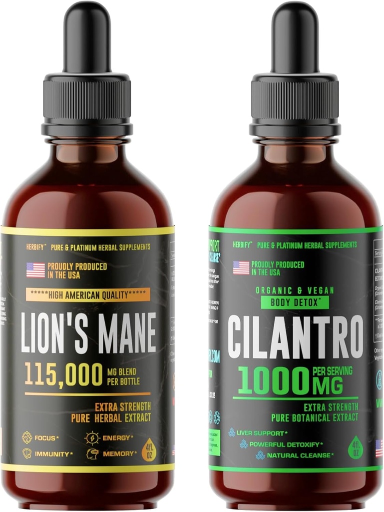 HERBIFY 번들 - 사자 Mane Drops & Cilantro Tincture - 두뇌 Boost & Body Detox