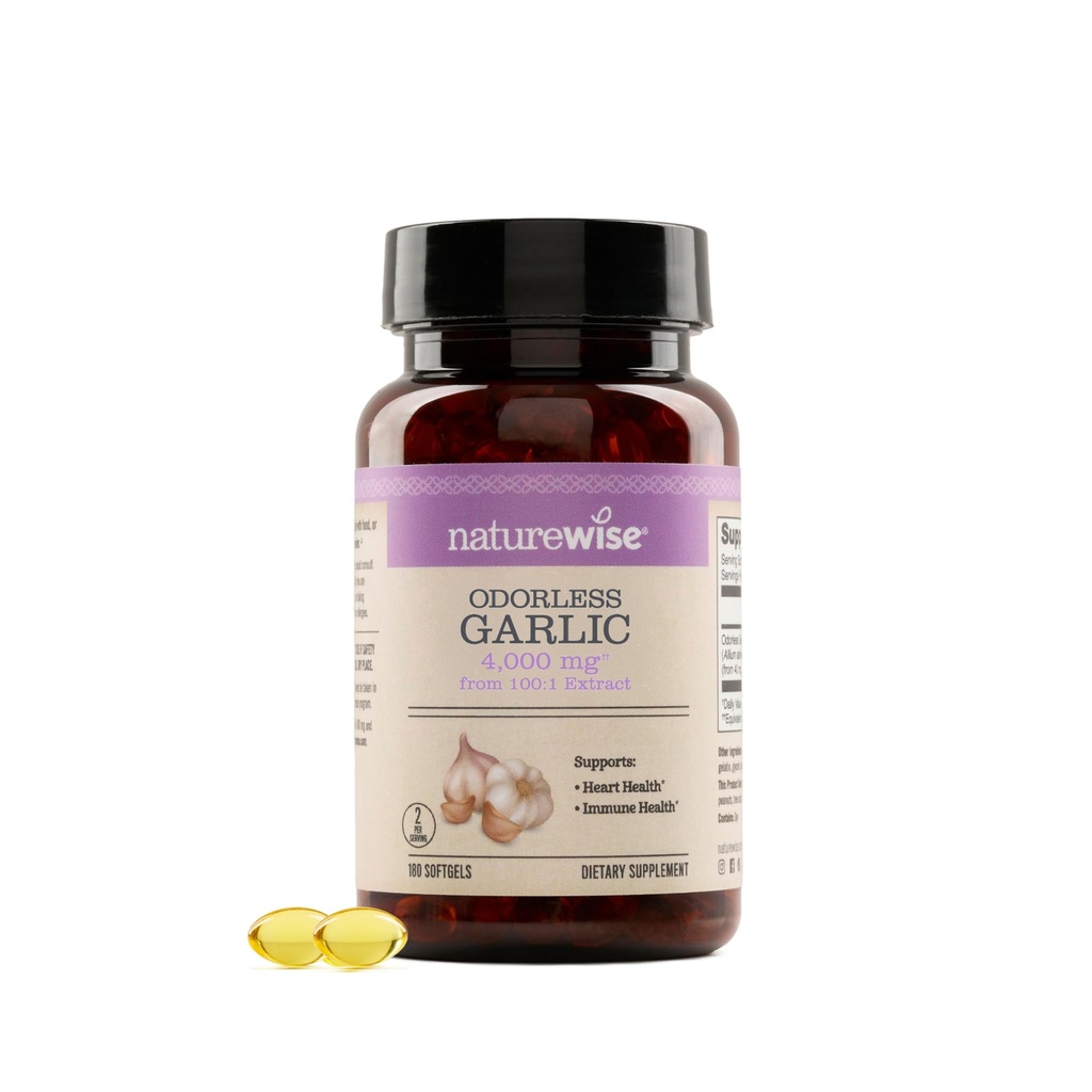 NatureWise Odorless 마늘 보충교재 4000mg - 매우 유력한 100:1 추출물 - 건강한 콜레스테롤 공식, 심장 건강 지원 - Halal 젤라틴과 더불어 비 GMO, 글루텐 자유로운 - 180 조사 [90 일 공급]