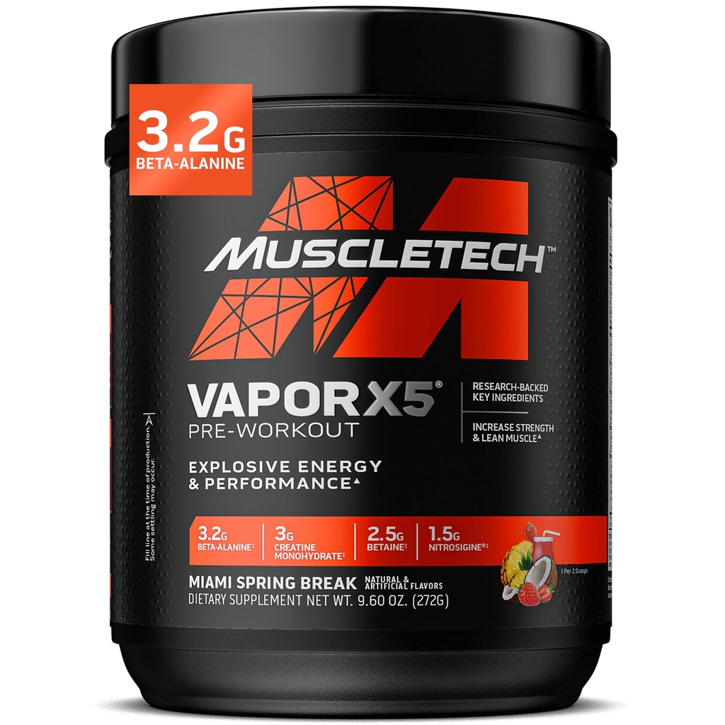 MuscleTech Pre-Workout Powder, Vapor X5 - 여성 및 남성을위한 스포츠 영양 근육 건물 보충제 - 강렬한 근육 펌프 에너지 분말 음료 혼합 - Miami Spring Break, 272g (30 인분)