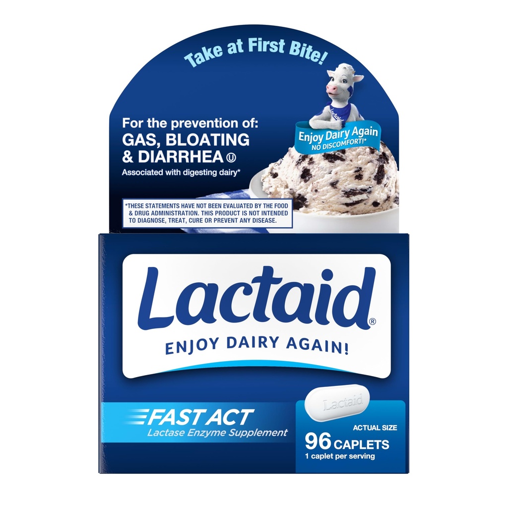 락타이드 빠른 행동 Lactose Intolerance Caplets Lactase Enzyme, 가스, Bloating & Diarrhea, 9000 FCC Lactose Intolerance 약, 96 개인 여행 On-The-Go 팩 (96 x 1 ct)