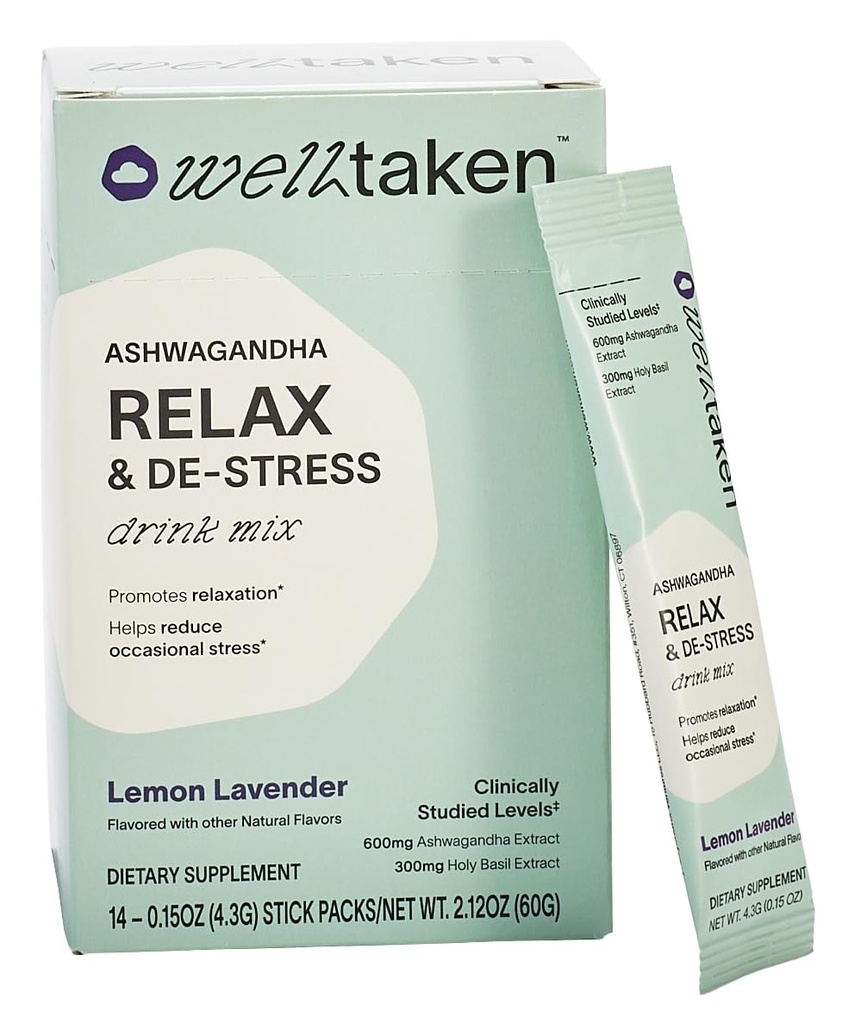 Ashwagandha Relax & De-Stress Powder - 레몬 라벤더 14ct 상자 - 600mg Ashwagandha, 200mg L-Theanine, Holy Basil - 스트레스, Relaxation - Vegan, 추가 설탕 없음 - 14 서빙