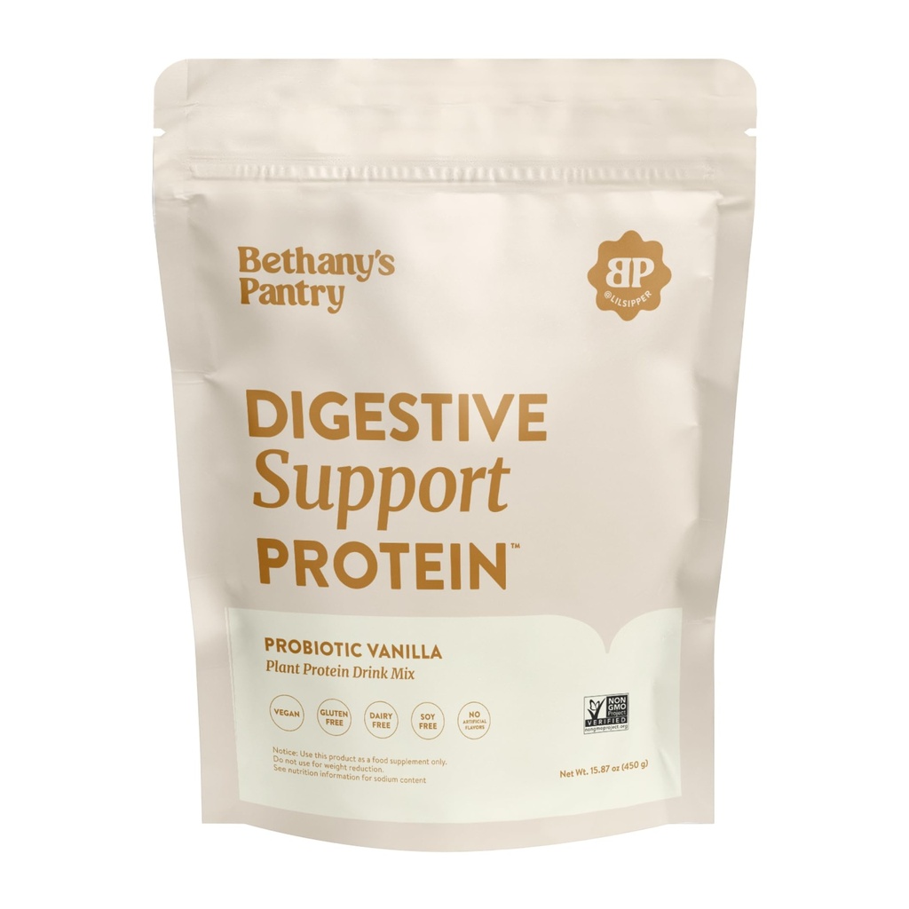 Nuzest Bethany's Pantry Digestive Support Protein - 소화 건강을위한 Probiotics - Clean Lean Protein - Premium Vegan Pea Protein Powder - 공장 기반 - 20 서빙, 1 파운드 (팩 1) - 바닐라