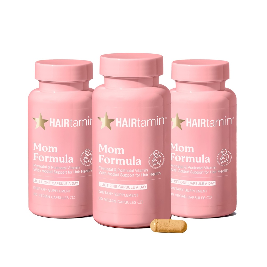 HAIRtamin MOM Vegan Prenatal & Postnatal Multivitamin 캡슐 & 머리 비타민, Postpartum, Breastfeeding, 머리 못 및 Biotin, 아연, 철 (3 팩)를 가진 여자를 위한 피부 비타민