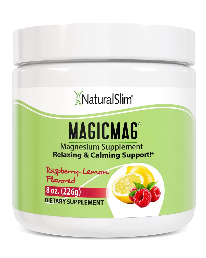 NaturalSlim Magicmag 순수 마그네슘 시트레이트 분말 스트레스, 변비, 근육, 심장 건강, 수면 지원 | 라즈베리 레몬 마그네슘 보충 - 8oz 음료 혼합 (솔로)
