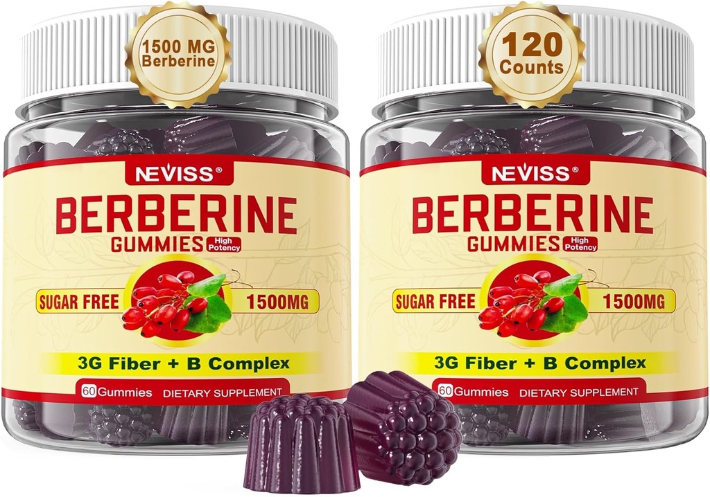 NEVISS Berberine 보충교재 1500mg의 3G Prebiotic 섬유, B1 B3 B6, 여자와 남자를 위한 설탕 자유로운 Berberine HCL Gummies를 가진 AMPK 활성제 - 소화, 2pack 120 Cts를 지원합니다