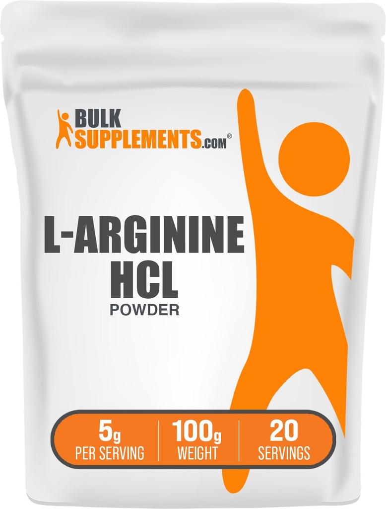 BulkSupplements.com L-Arginine HCl 분말 - 니트로 산화물 보충교재, 아르기닌 분말 - 무연 & 글루텐, 서빙 당 5g, 100g (3.5 oz) (1의 포장)
