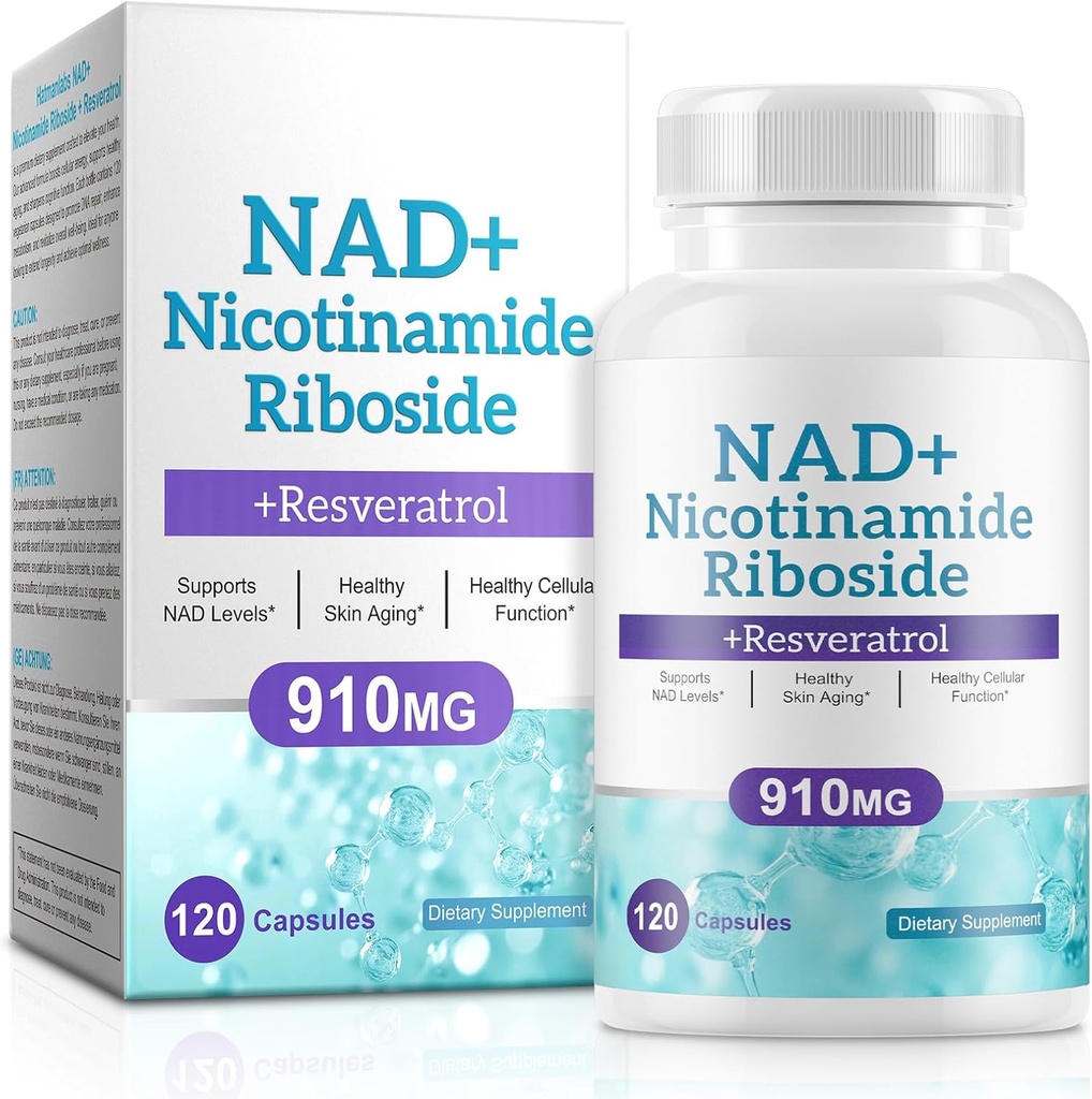 남성과 여성을위한 NAD 보충 - Liposomal Nicotinamide Riboside, Quercetin, NAD + Resveratrol 910mg를 가진 보충교재 - 근육, 뇌, 에너지, 120의 캡슐을 지원합니다