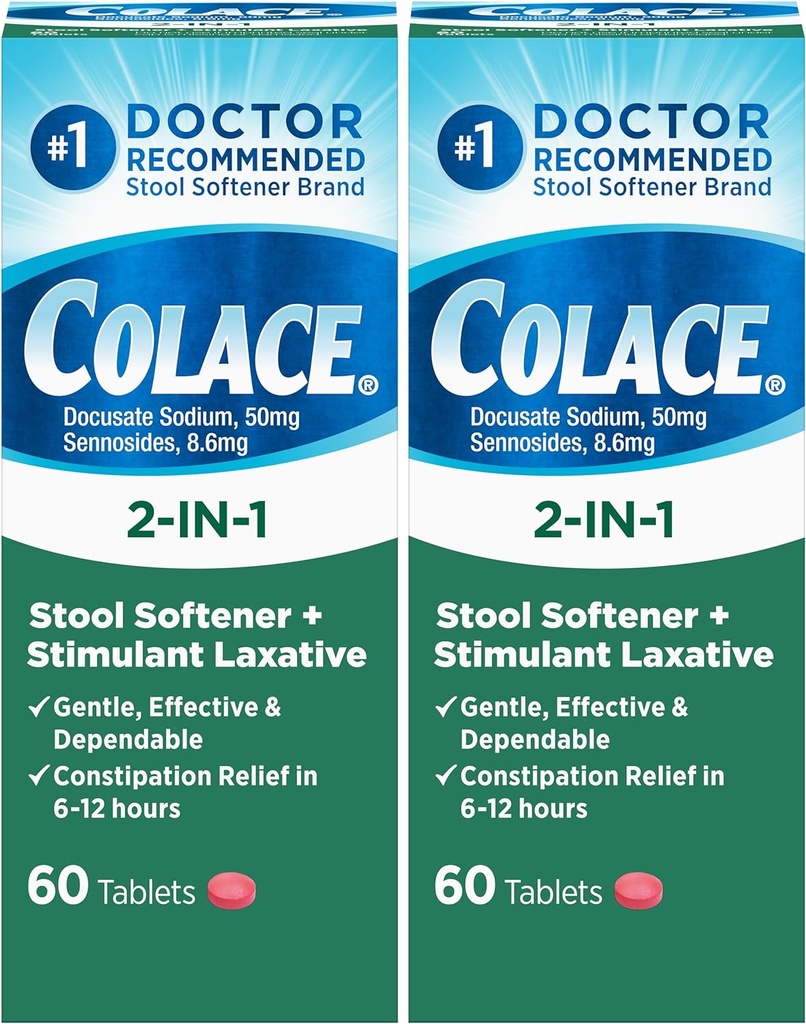 Colace 2-in-1 Stool Softener Plus Stimulant Laxative for Gentle 효과적인 변비 완화, Docusate sodium Plus Sennosides, 60 개 (패키지 2)