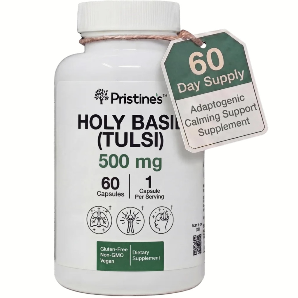 PRISTINE 'S Holy Basil 캡슐 - 500 mg 글루텐 무료 면역 및 Relaxation 지원 Adaptogen 보충 - 60 일 공급 - Tulsi Holy Basil 잎 추출물 캡슐 - Vegan - Non-GMO