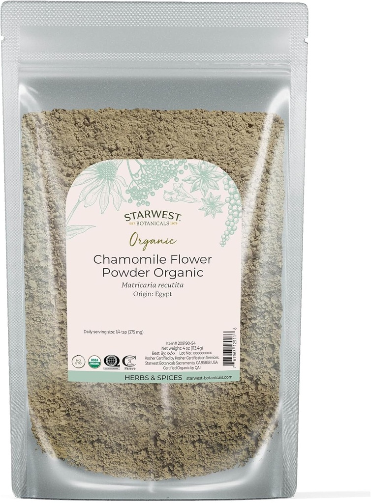 Starwest Botanicals Organic Chamomile Flower Powder - 차, 허브 로션, 및 베이킹을위한 느슨한 잎 허브, 이집트에서 소스, 공인 Kosher, Non-GMO - 4 온스 파우치