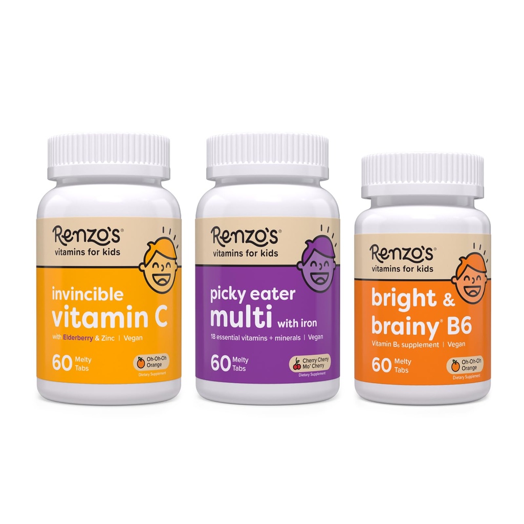 Renzo's Vitamins Back to School Bundle, Bright & Brainy Vitamin B6, Picky Eater Kids Multivitamin 및 Immune 지원을 위한 Elderberry & 아연을 가진 아이 비타민 C