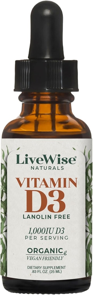 LiveWise Naturals Organic Vitamin D3 Liquid Drops, Vegan, Non-GMO, Plant-Based, 200 IU, Immune, Bone 및 Mood Health, MCT Oil 1,000 IU 지원