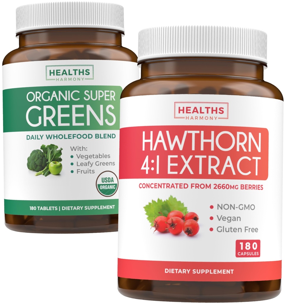 Super Greens & Hawthorn Extract (3 개월 공급) 유기농 슈퍼 그린 분말의 슈퍼 베리 혼합 번들 - Superfood & Hawthorn Berry 4 : 1 추출물 - 고강도 추출물 (180 캡슐)