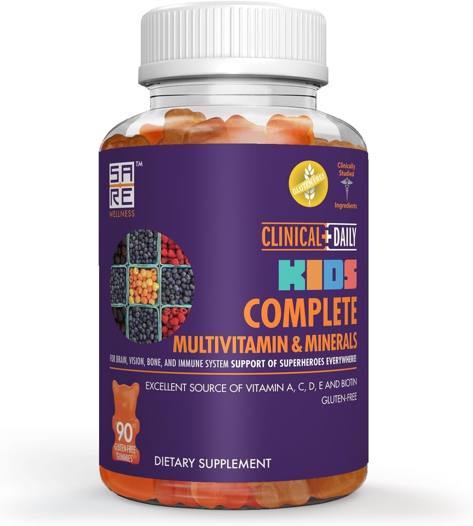 임상 Daily Complete Kids Multivitamin Daily Gummy Supplement for Brain, Vision, Bone 및 면역 건강. 비타민 A, C, E, D, B6, B12, Folate, Biotin, 정유. 90 글루텐 무료 Yummy Gummies