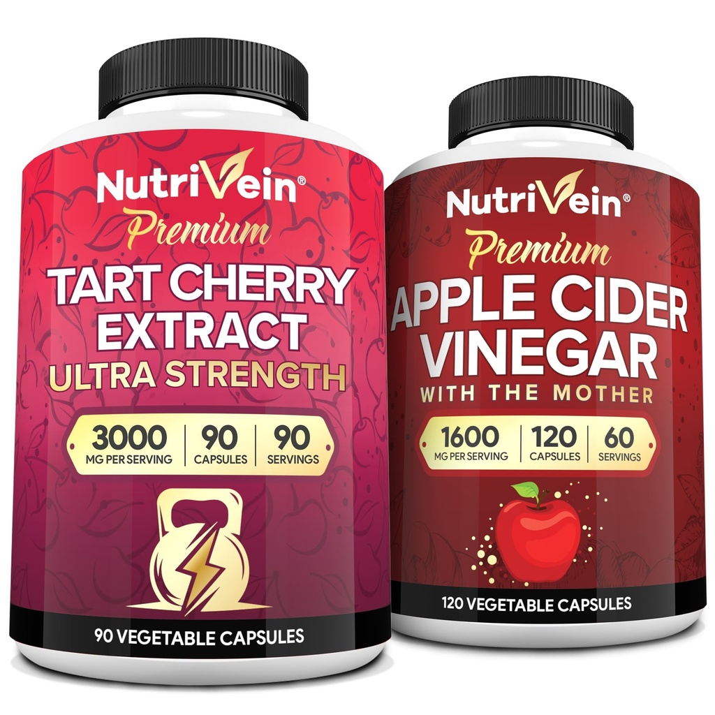 Nutrivein Premium Tart Cherry 500mg & Apple Cider Vinegar 1600mg 번들 - 근육 회복 및 Uric Acid Cleanse Plus 소화 지원 및 체중 관리 - Non-GMO, Vegan/Vegetarian - 90 + 120 알약