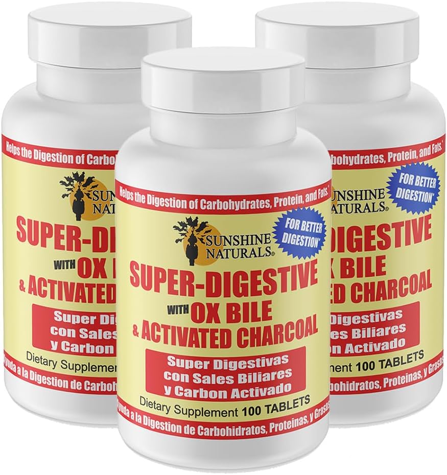 Sunshine Naturals Super Digestive 보충. Ox Bile & Digestive Support, Bloating Relief, Gut Cleanse, Nutrient Absorption 및 전반적인 Wellness를 위한 활성화된 Charcoal. 100개의 정제. 3 팩