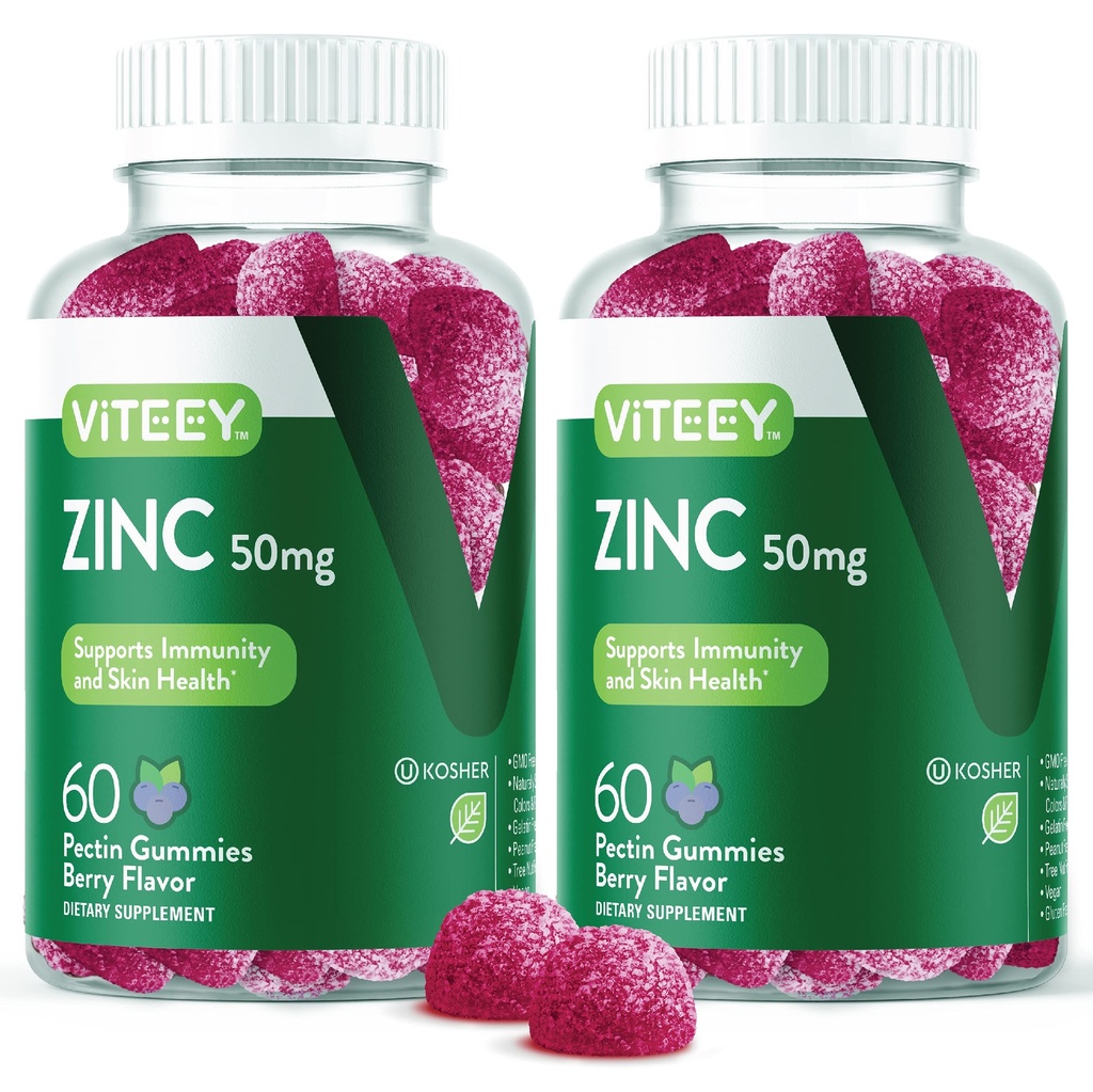 남성과 여성을위한 VITEEY 아연 Gummies - 아연 보충제 50mg - 면역 부스트 및 피부 건강 - Vegan, 글루텐 무료 - 120 카운트