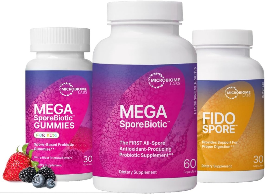 Microbiome Labs 전체 가족 Probiotic 번들 - 성인을위한 MegaSporeBiotic, 어린이를위한 Probiotic Gummies, 그리고 개와 고양이를위한 FidoSpore Probiotics