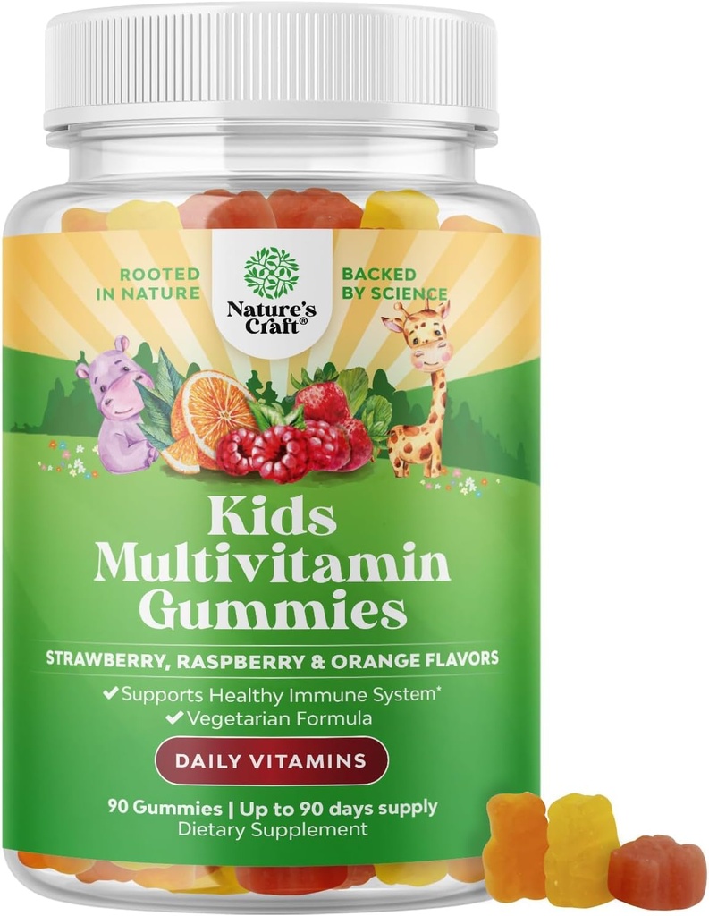 식물 기반 어린이 Multivitamin Gummies - 비타민 A, C, D3, E, B6 및 B12, 아연 및 Iodine과 함께 아이 면역 지원을 위한 Multivitamin - 강한 건강을 위한 아이들의 비타민 Chewable 공식 - 90 조사
