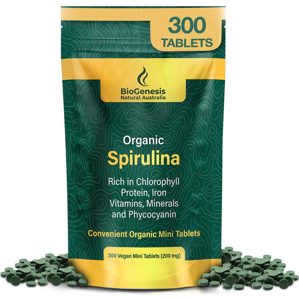 Biogenesis Organic Spirulina Mini Tablets – 300 Count (200 mg) | 호주 Grown Blue-Green Algae | Phycocyanin, Chlorophyll & B 비타민 풍부한 | 일일 에너지 및 면역성이 지원 | Vegan Mini Tabs