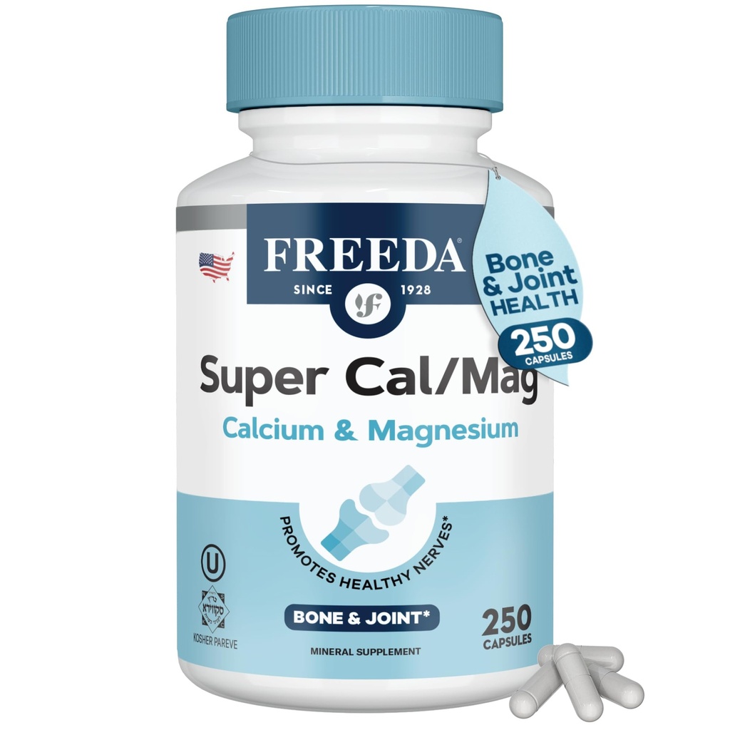 Freeda Super Cal/Mag – Kosher Vegan Bone Health Supplement – Bone Strength, Nerve Function & Muscle Relaxation 지원 – 채식 칼슘 마그네슘 캡슐 – 제 3 자 테스트 – 250 캡슐