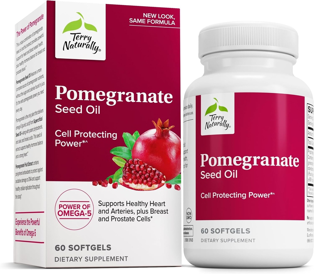 Terry Naturally Pomegranate Seed Oil - 심장 혈관 건강 지원 보조 보충 - Omega-5 및 석류 추출물이있는 초본 비 GMO 보충 - 60 Softgels