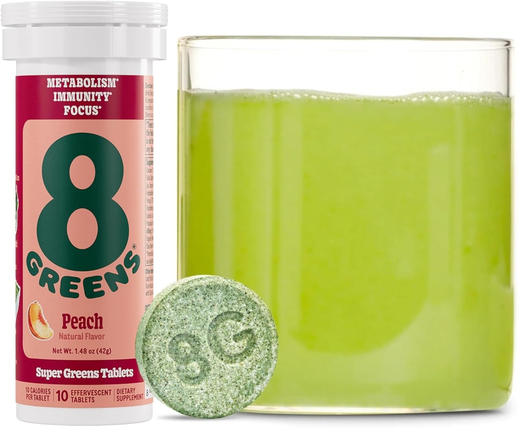 8Greens Supergreens 정제 | 슈퍼 그린 파우더 슈퍼 푸드 태블릿, 메타볼리즘 Immunity & Focus, 일일 그린 Effervescent Tablets, Organic: Aloe Vera, Spirulina, Chlorella, Peach, 10 서빙