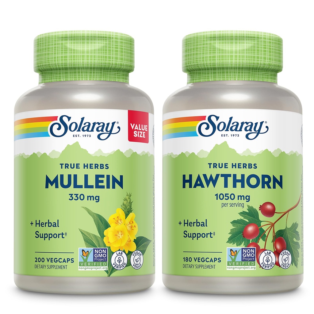 SOLARAY Mullein 잎 330 mg 및 Hawthorn Berry 캡슐 1050 mg - 전반적인 건강 및 웰빙을위한 영양 지원 번 - Vegan, Non-GMO, 60 일 보증, 실험실 검증, 200 / 180 VegCaps